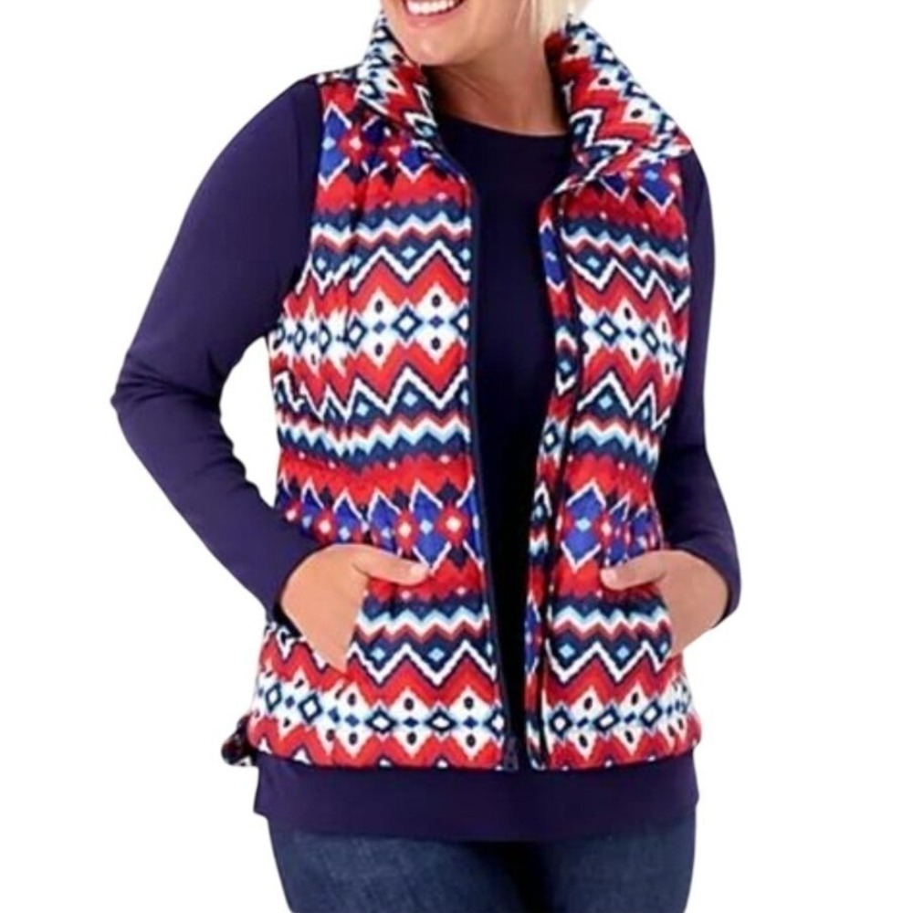 Lands' End Down Puffer Vest Women Sz Large Fair Isle Chevron Aztec Cozy Outdoors - Picture 2 of 15